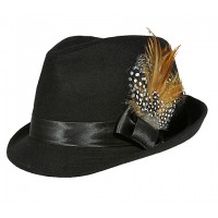 Fedora Hat - Wool-felt w/ Satin Ribbon Bow & Feather - Black 